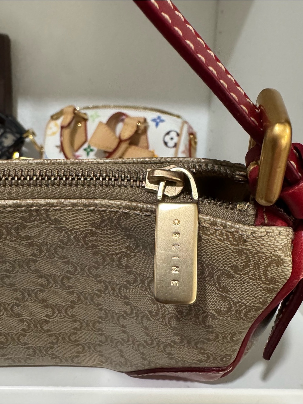 Celine Beige Monogram Canvas Shoulder Bag with Red Trim - Picture 7 of 10